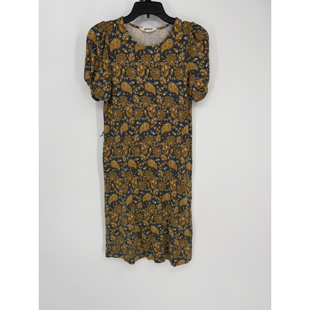 Boden Dress Womens 4R Blue Mustard Paisley Puff Sleeve Shift Jersey‎ Knit